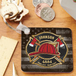 Firefighter NAME Fireman Fire Department USA Flag Schlüsselanhänger<br><div class="desc">Firefighter NAME Fireman Fire Department USA Flag design - Emblem with Red Helmet and Axe. Customize with your Name,  Station/Dept Number and location.</div>