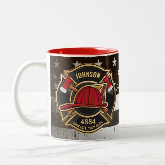 Firefighter NAME Fireman Fire Department USA Flag Zweifarbige Tasse (Links)