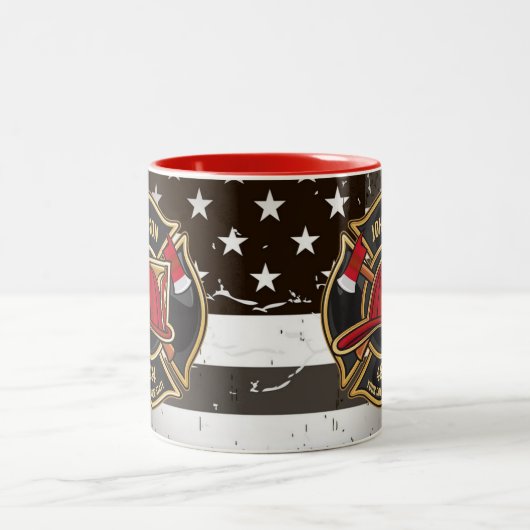 Firefighter NAME Fireman Fire Department USA Flag Zweifarbige Tasse (Mittel)