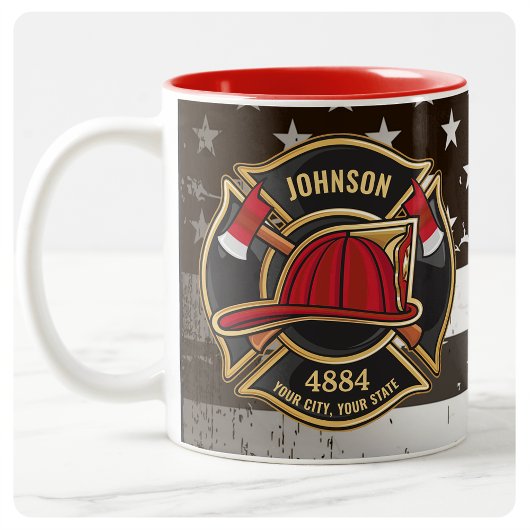 Firefighter NAME Fireman Fire Department USA Flag Zweifarbige Tasse