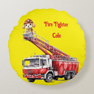 Firefighter Puppy on Ladder Fire Truck Round Pillo Rundes Kissen