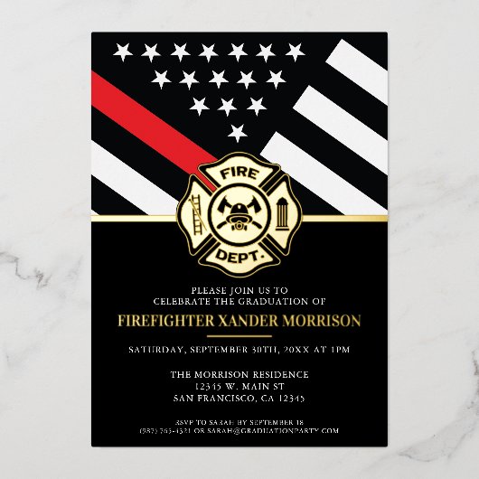 Firefighter Red Line Flag Fireman Abschluss Folieneinladung (Vorderseite)