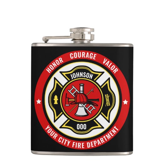 Firefighter Rescue ADD NAME Fire Department Abzeic Flachmann (Vorderseite)