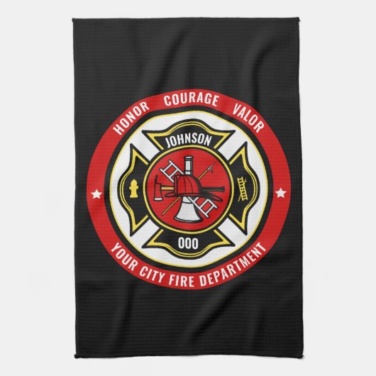 Firefighter Rescue ADD NAME Fire Department Abzeic Geschirrtuch (Vertikal)