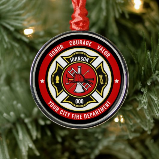 Firefighter Rescue ADD NAME Fire Department Abzeic Ornament Aus Metall (Baum)