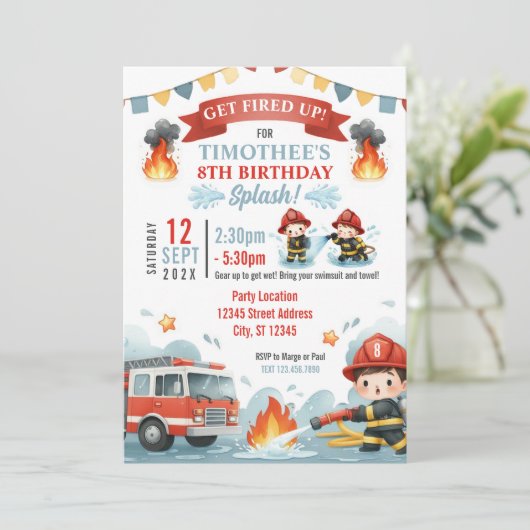 Firefighter Splash Boys Summer Birthday Pool Party Einladung (Stehend Vorderseite)