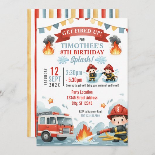 Firefighter Splash Boys Summer Birthday Pool Party Einladung (Vorne/Hinten)