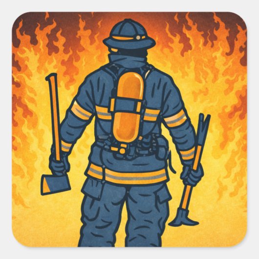 Firefighter Standing Against the Flames Quadratischer Aufkleber (Vorderseite)