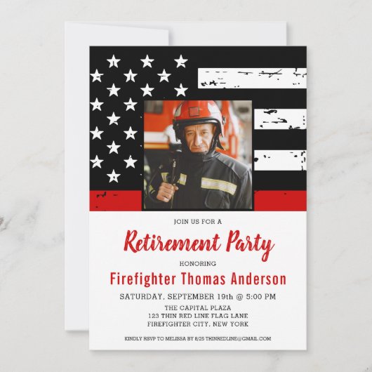 Firefighter Thin Red Line Custom Foto Retirement Einladung (Vorderseite)