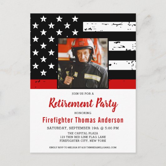 Firefighter Thin Red Line Custom Foto Retirement Postkarte (Vorderseite)