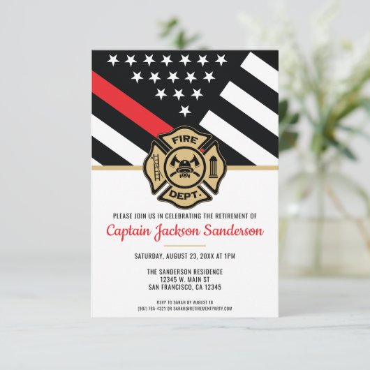 Firefighter Thin Red Line Fireman Ruhestand Party Einladung (Stehend Vorderseite)
