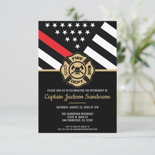 Firefighter Thin Red Line Fireman Ruhestand Party Einladung (Stehend Vorderseite)