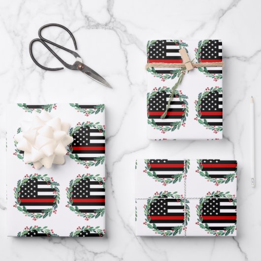 Firefighter Thin Red Line Wreath Frohe Weihnachten Geschenkpapier Set (Vorderseite)