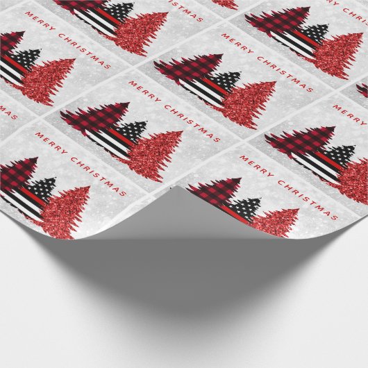 Firefighter Weihnachts-Rote Linie Karierter Glitze Geschenkpapier (Ecke)