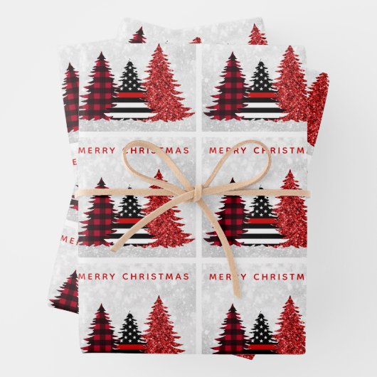 Firefighter Weihnachts-Rote Linie Karierter Glitze Geschenkpapier Set (Beispiel)