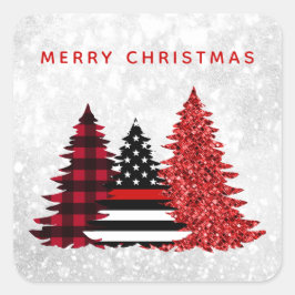 Firefighter Weihnachtsbaum Red Line Karierter Glit Quadratischer Aufkleber