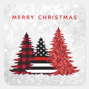 Firefighter Weihnachtsbaum Red Line Karierter Glit Quadratischer Aufkleber
