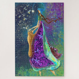Fireflies Girl Vintage Drawing Fantasy Fairytale Puzzle