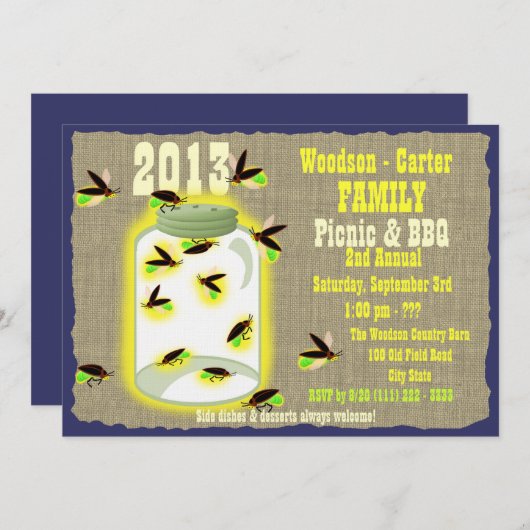 Fireflies in Jar Family Wiedersehen GRILLEN Picnic Einladung (Vorne/Hinten)
