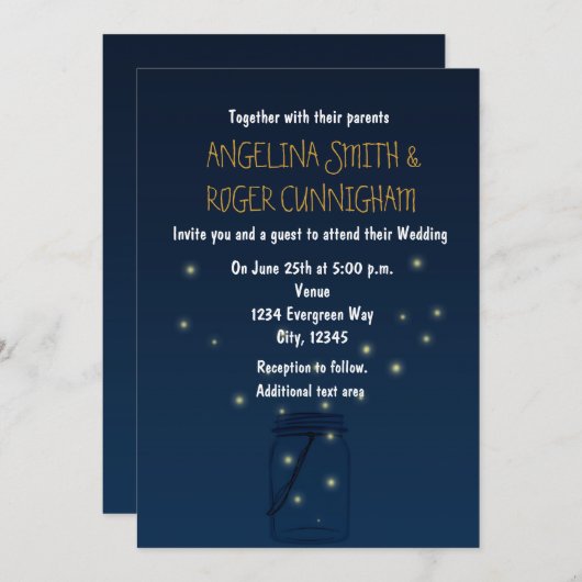 Fireflies Mason Jar Rustic Blue Wedding Einladung (Vorne/Hinten)