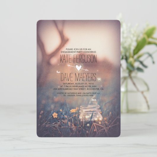 Fireflies Mason Jar Rustic Garden Engagement Party Einladung (Stehend Vorderseite)