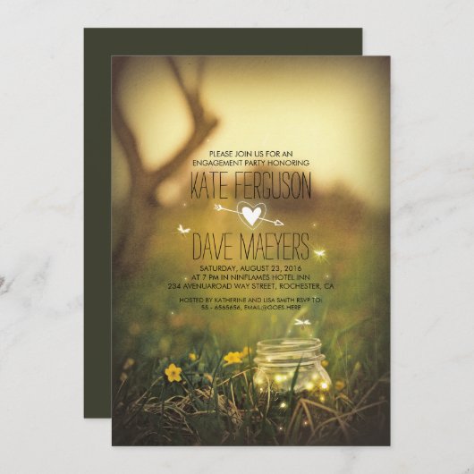 Fireflies Mason Jar Rustic Garden Engagement Party Einladung (Vorne/Hinten)