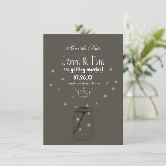 Fireflies Mason Jar Save the Date Einladungskarte Einladung (Stehend Vorderseite)