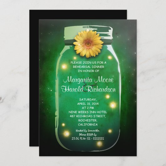 Fireflies & Mason Jar Whimsical Probe Dinner Einladung (Vorne/Hinten)