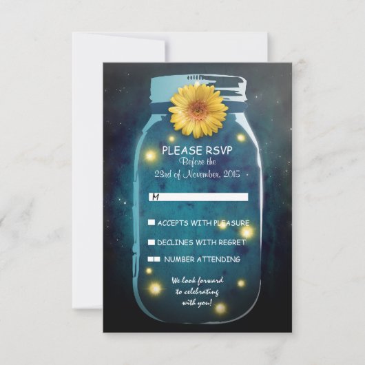 Fireflies & Mason Jar Whimsical Wedding RSVP Karte (Vorderseite)