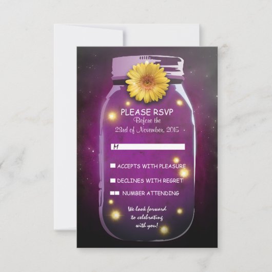 Fireflies & Mason Jar Whimsical Wedding RSVP Karte (Vorderseite)