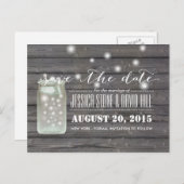 Fireflies & Mason Jar Wood Save the Date Ankündigungspostkarte (Vorne/Hinten)