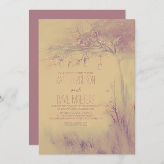 Fireflies Mason Jars Rustic Tree Wedding Einladung (Vorne/Hinten)