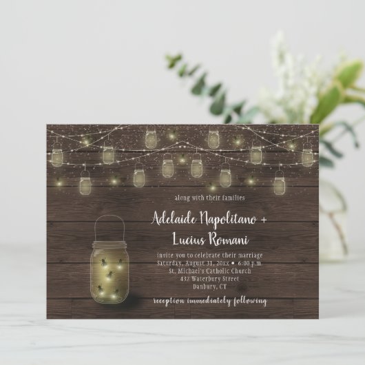 Fireflies Mason Jars String Lights Hochzeit Einladung (Stehend Vorderseite)