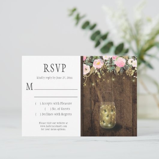 Fireflies Mason Jars String Lights Pink Gold UAWG RSVP Karte (Stehend Vorderseite)