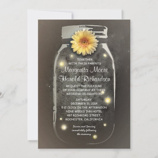 Fireflies & Rustic Mason Jar Whimsical Wedding Einladung (Vorderseite)