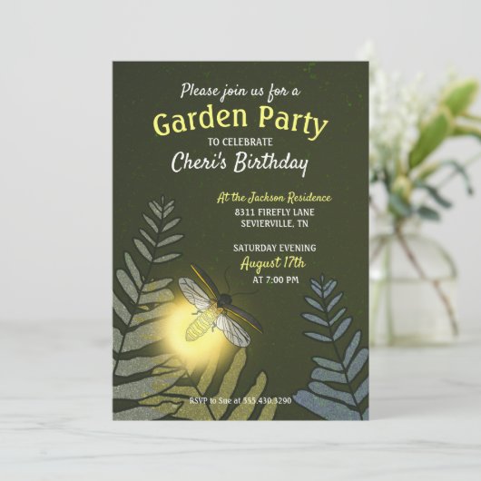 Firefly Birthday Garden Party Einladung (Stehend Vorderseite)