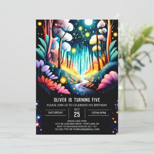 Firefly Editable Forest Birthday Einladung (Stehend Vorderseite)