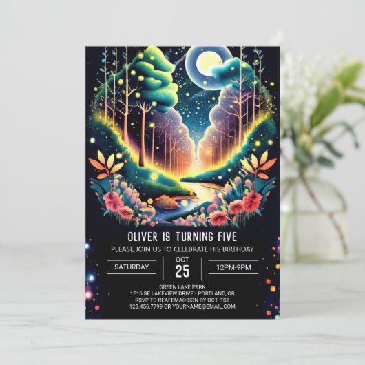 Firefly Fantasy Woods Geburtstag Einladung (Stehend Vorderseite)
