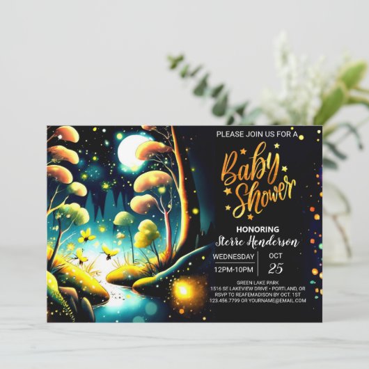 Firefly Glow Woodland Night Baby Shower Einladung (Stehend Vorderseite)