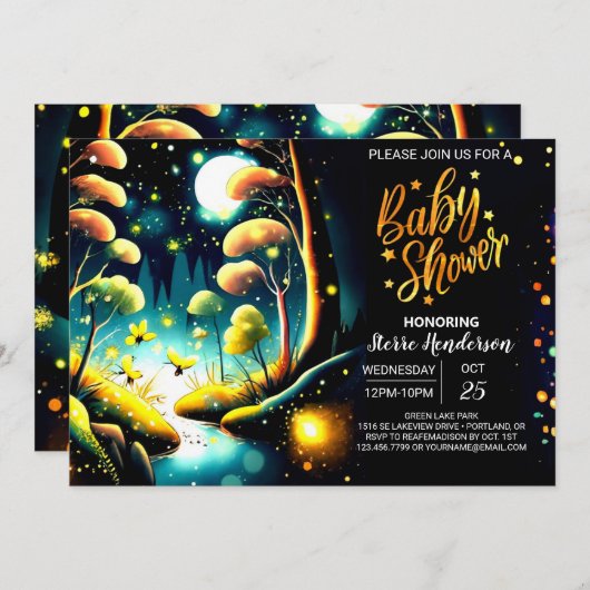 Firefly Glow Woodland Night Baby Shower Einladung (Vorne/Hinten)