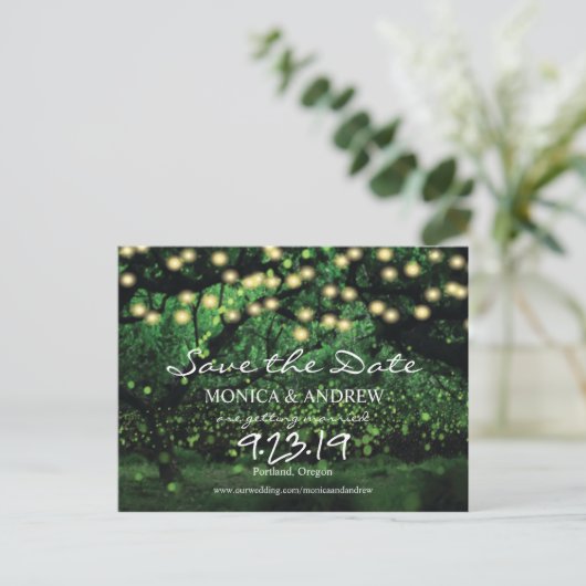 Firefly Lights Forest Save the Date Postkarte (Stehend Vorderseite)