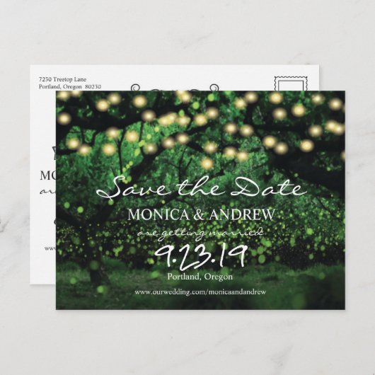 Firefly Lights Forest Save the Date Postkarte (Vorne/Hinten)