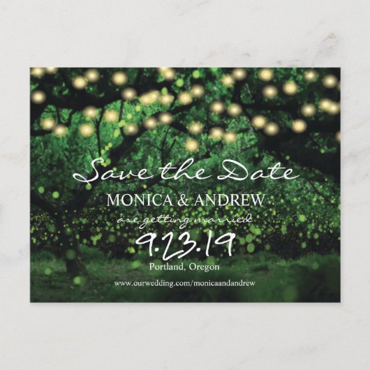 Firefly Lights Forest Save the Date Postkarte (Vorderseite)