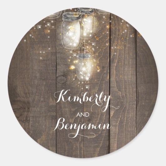 Firefly Lights Mason Jars Rustikale Hochzeit Runder Aufkleber (Vorderseite)