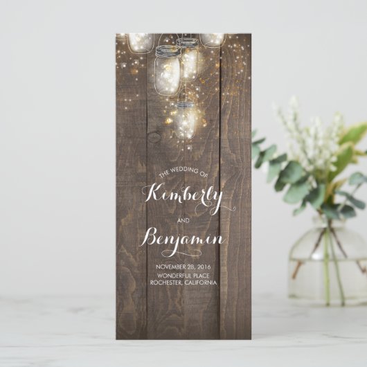Firefly Lights Mason Jars Rustikale Hochzeitsprogr Programm (Stehend Vorderseite)