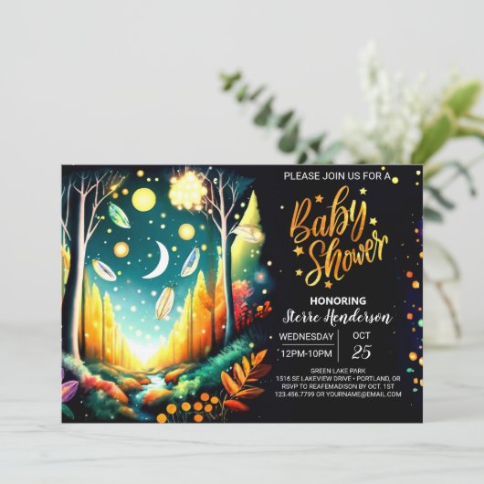 Firefly Magic Forest Baby Shower Einladung (Stehend Vorderseite)