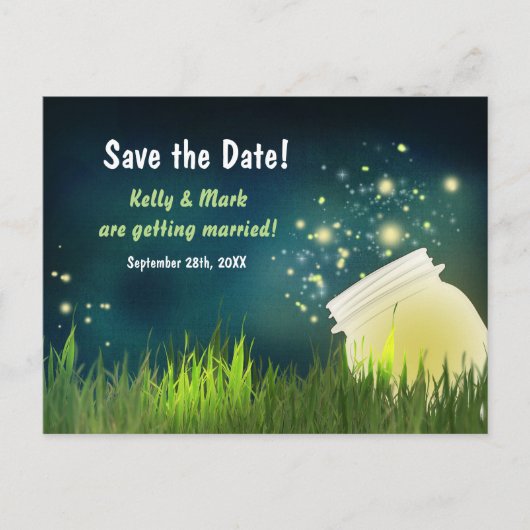 Firefly & Mason Jar Night Save the Date Postkarte (Vorderseite)