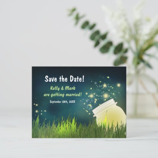 Firefly & Mason Jar Night Save the Date Postkarte (Stehend Vorderseite)