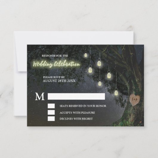 Firefly Mason Jar Oak Tree Wedding RSVP Cards Einladung (Vorderseite)