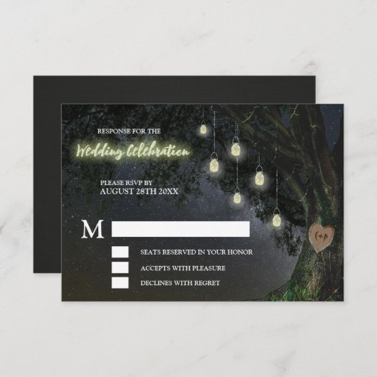 Firefly Mason Jar Oak Tree Wedding RSVP Cards Einladung (Vorne/Hinten)
